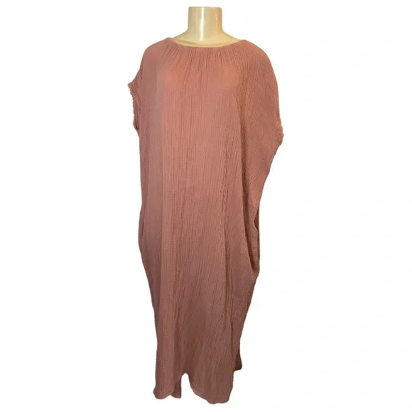 9seed Caftan Featuring On Seam Pockets Raw Edges Gauze Maxi Cotton Dress - Picture 2 of 8